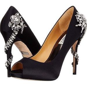 Badgley Mischka Black Satin and Crystal Peep Toe Royal Pumps